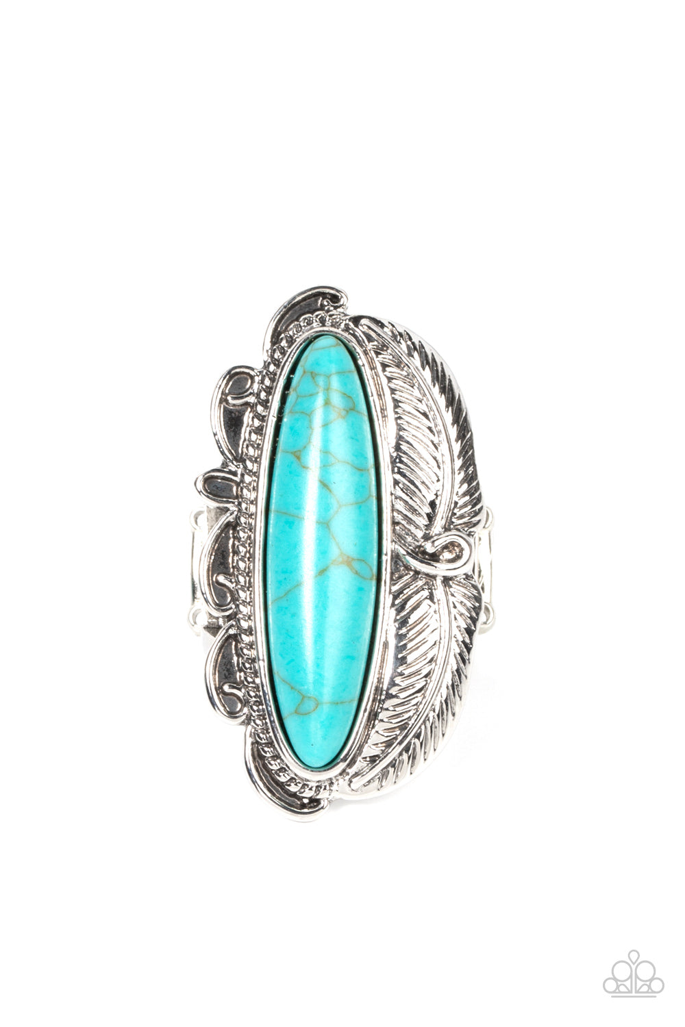 Rural Resort - Blue Turquoise Stone Silver Feather Santa Fe Style Ring Paparazzi R0400