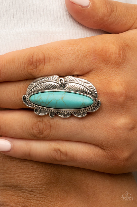 Rural Resort - Blue Turquoise Stone Silver Feather Santa Fe Style Ring Paparazzi R0400