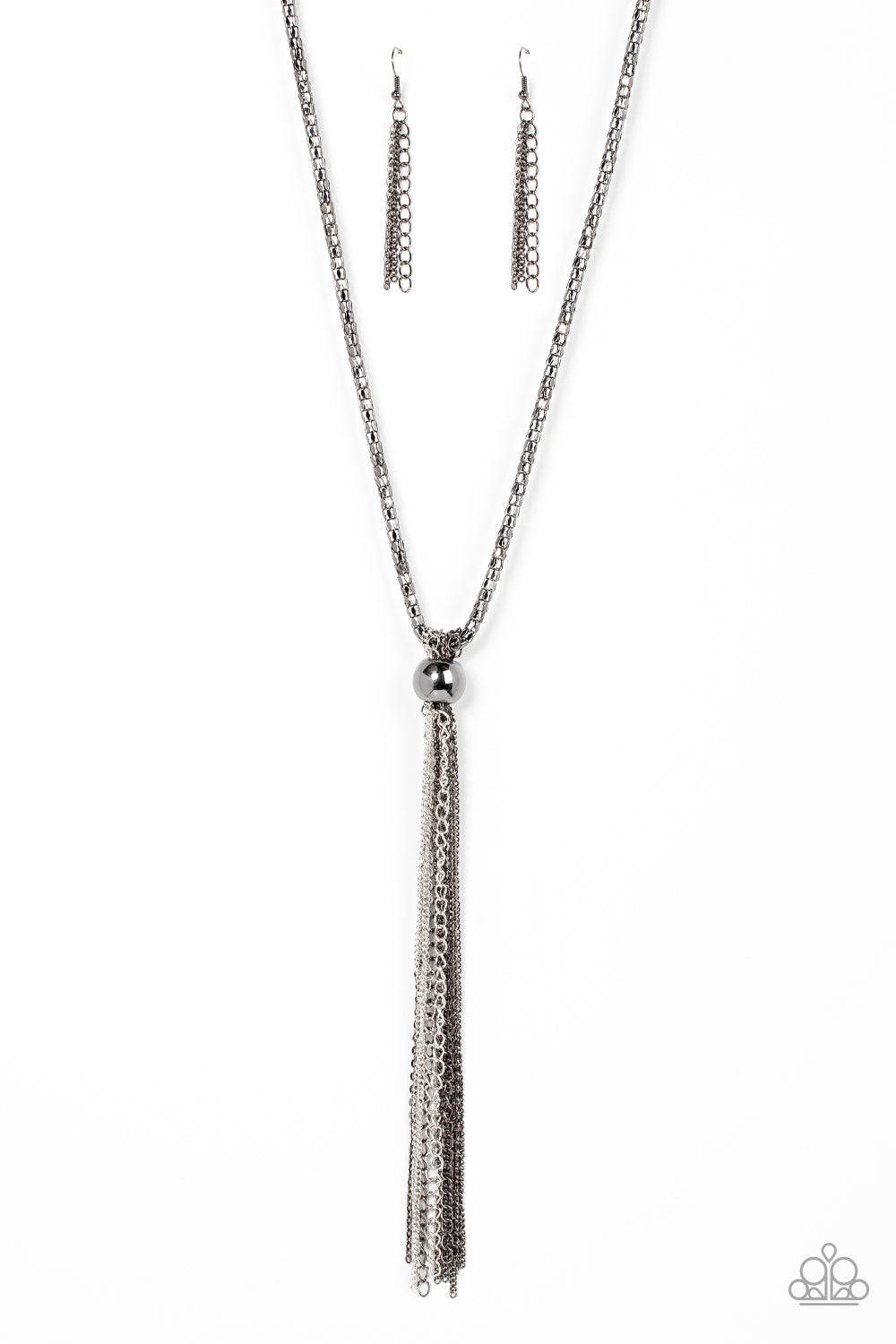 Metallic MESH Up - Black Gunmetal And Silver Chain With Tassel Necklace Paparazzi N1137