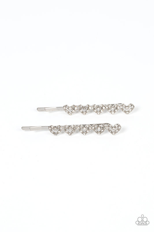 Thinking of You - White Rhinestone Heart Bobby Pin Style Hair Clip Paparazzi H0068