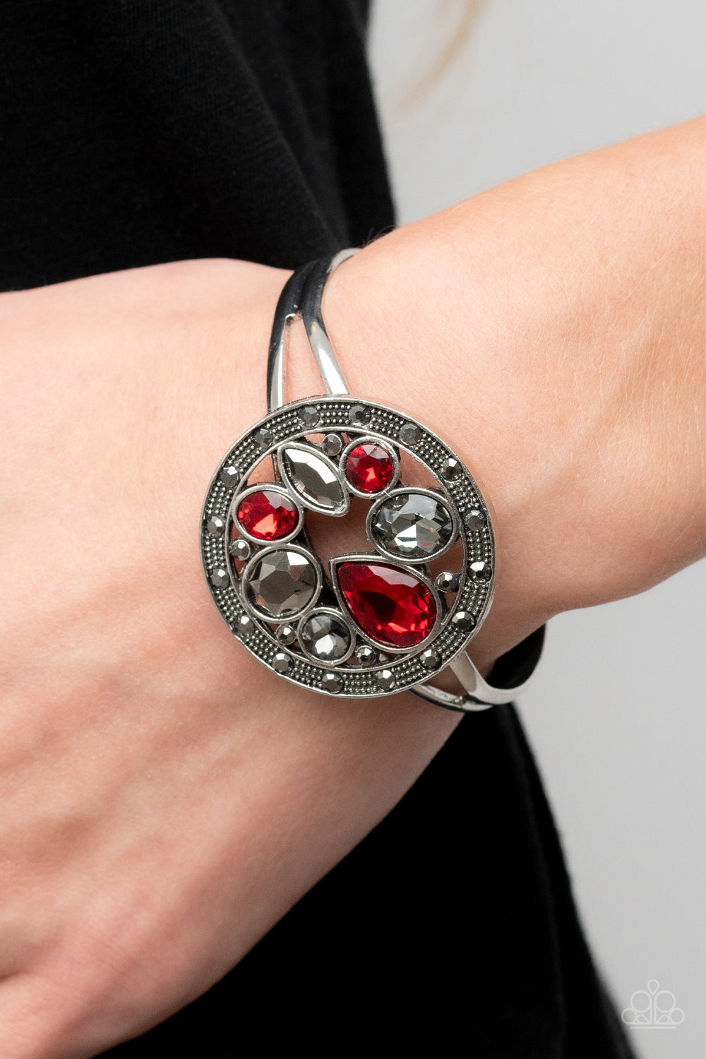 Time to Twinkle - Red, Hematite & Smoky Gem Cuff Bracelet Paparazzi B1109