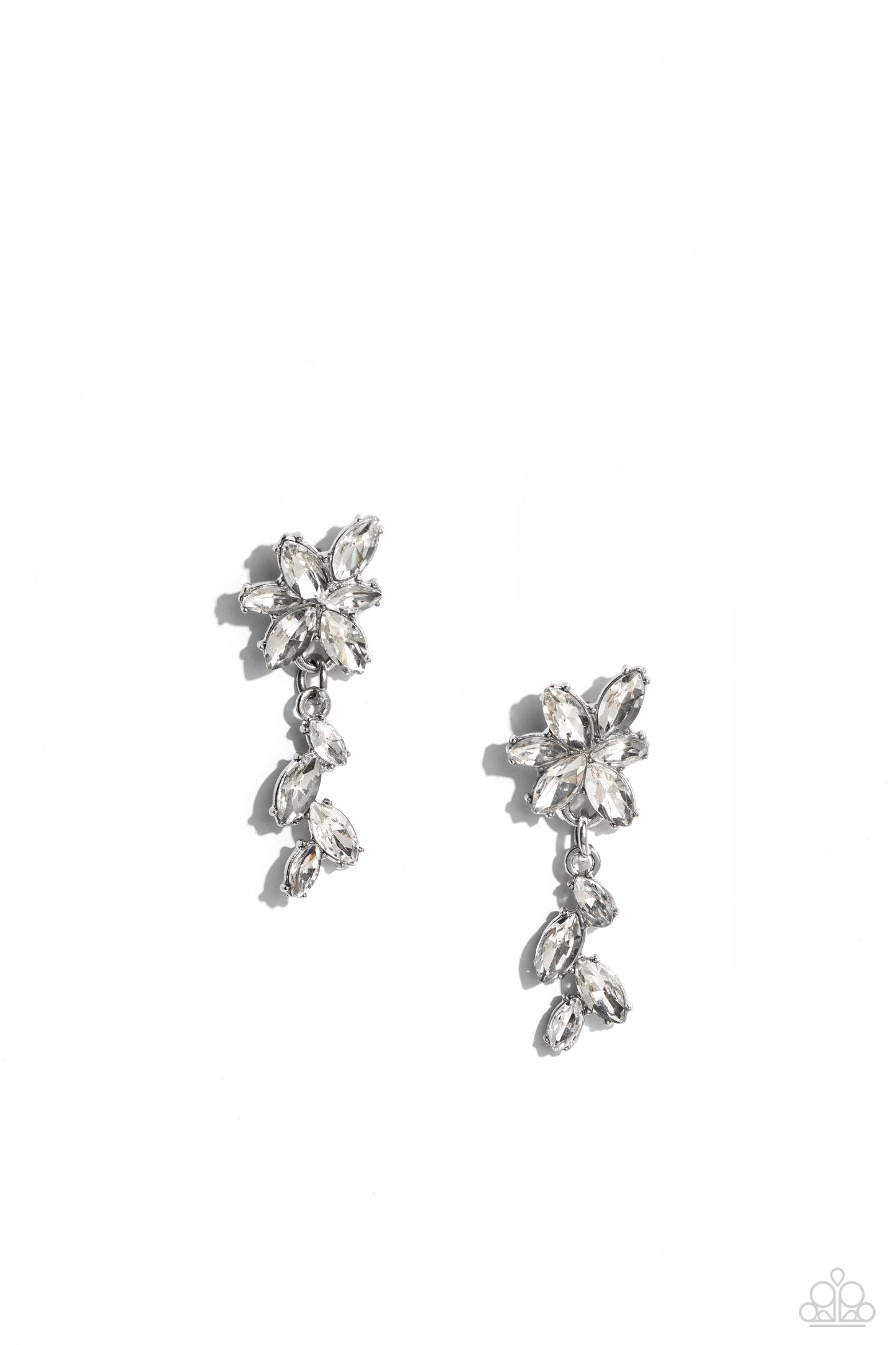 Goddess Grove - White Rhinestone Silver Flower Post Earring Paparazzi E1735