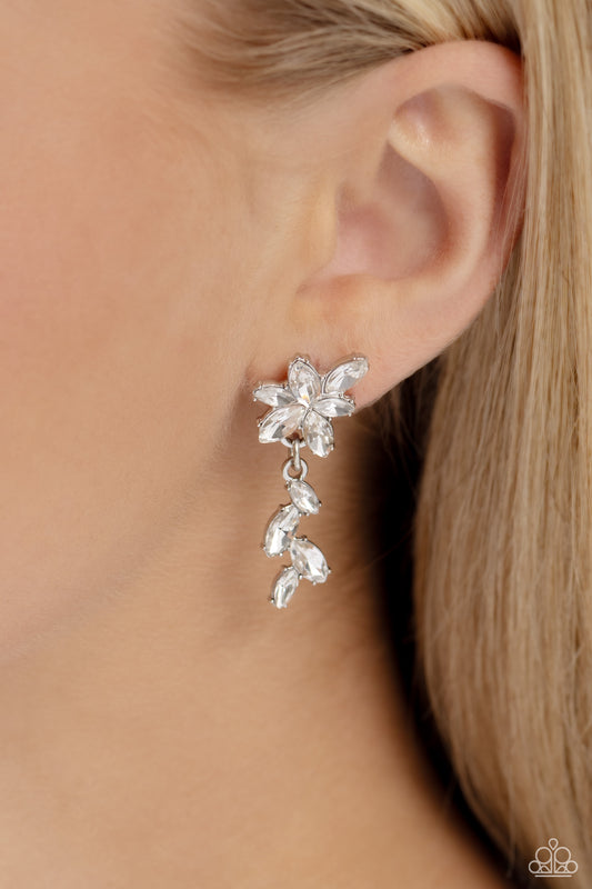 Goddess Grove - White Rhinestone Silver Flower Post Earring Paparazzi E1735