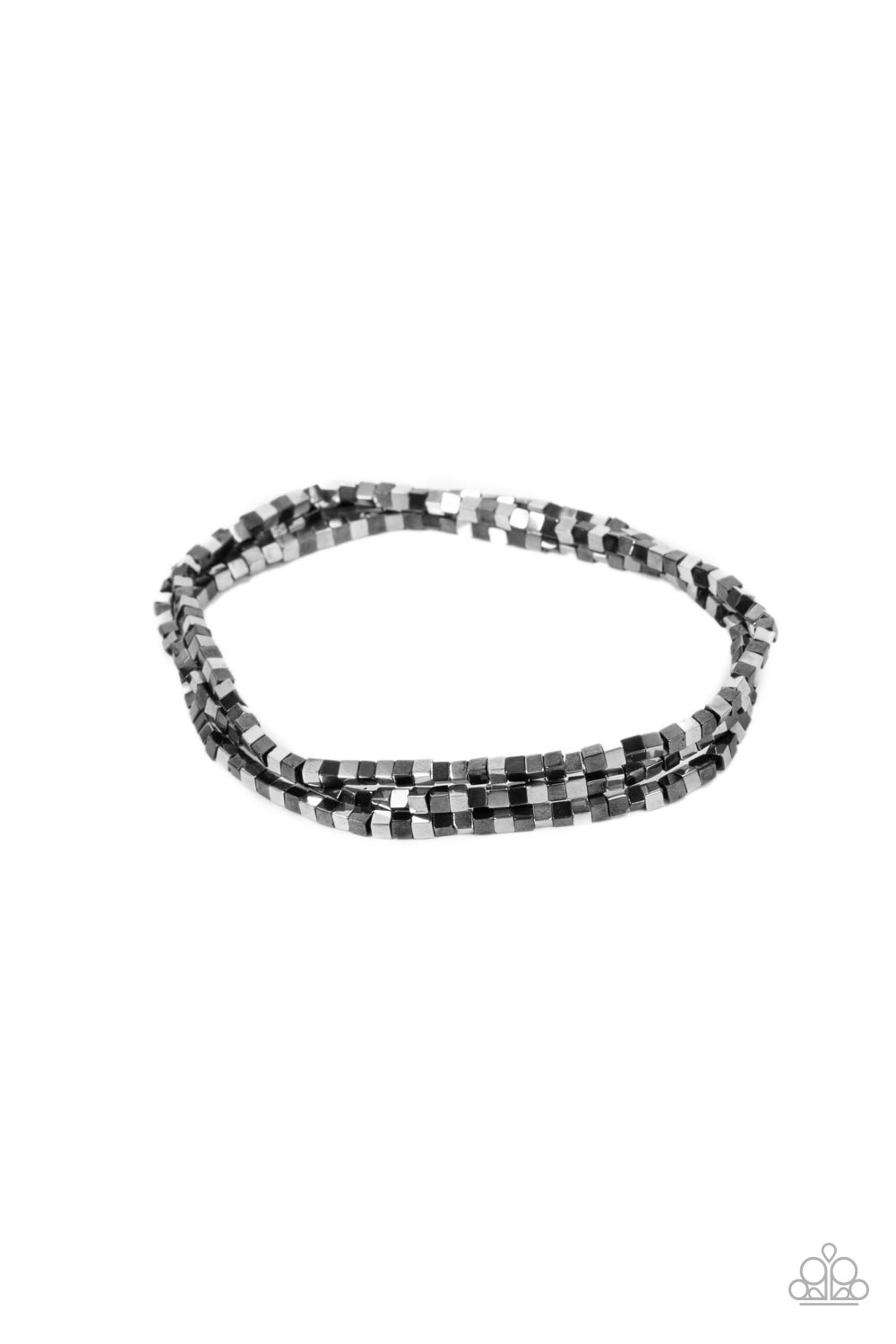 Block Bash - Multi Silver And Gunmetal Cube Bead Stretch Bracelet Paparazzi B0612