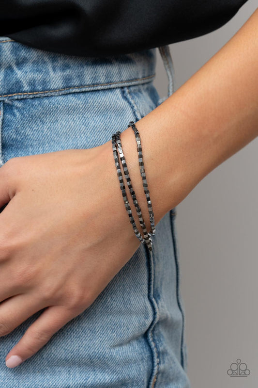 Block Bash - Multi Silver And Gunmetal Cube Bead Stretch Bracelet Paparazzi B0612