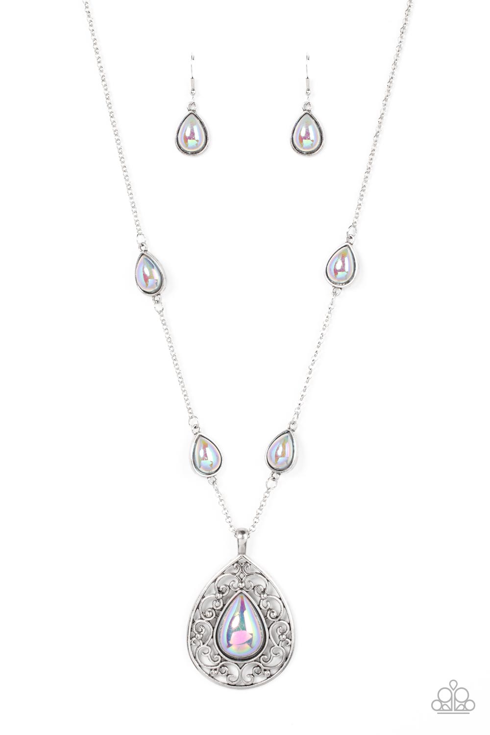 Magical Masquerade - Silver Iridescent Teardrop Filigree Necklace Paparazzi N1022