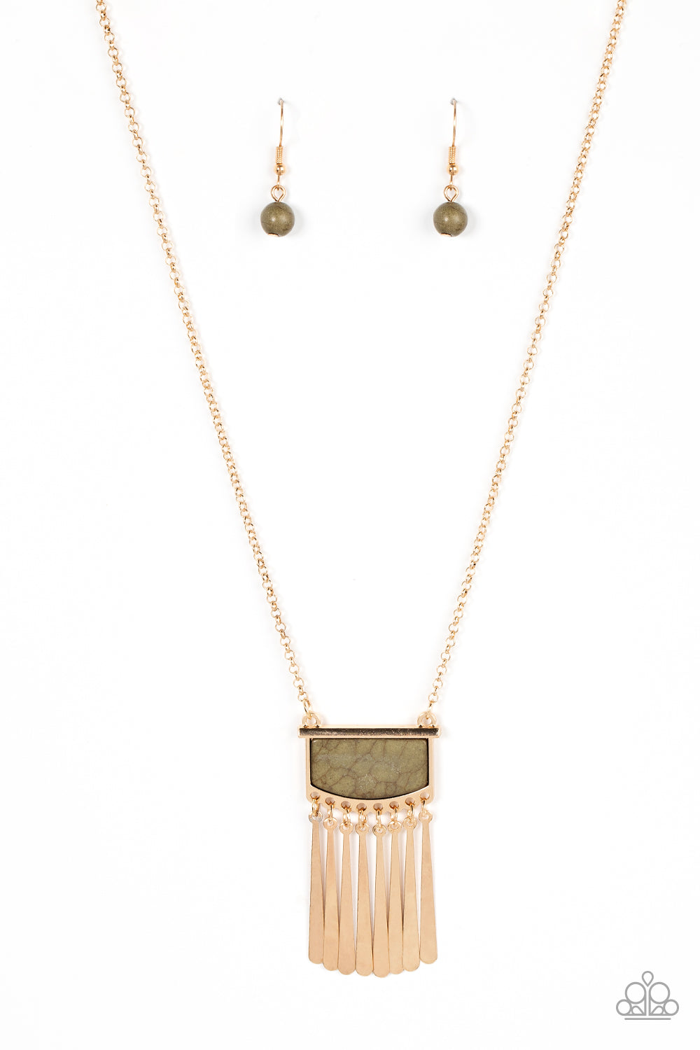 Plateau Pioneer - Green Olive Branch Stone Gold Frame Necklace Paparazzi N1271