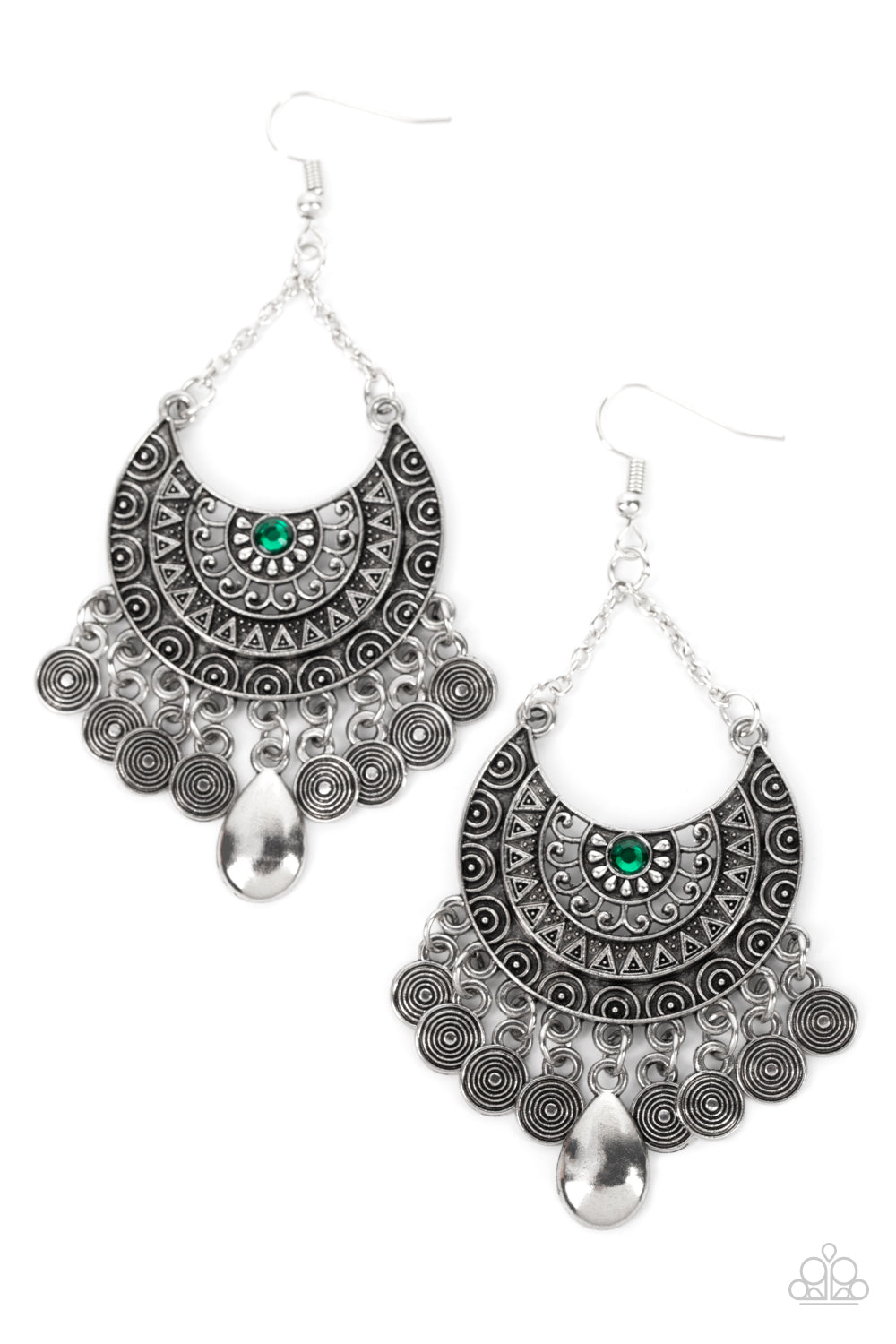 Lunar Allure - Green Rhinestone Tribal Pattern Earring Paparazzi E1625