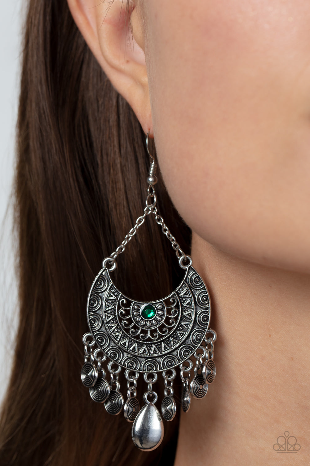 Lunar Allure - Green Rhinestone Tribal Pattern Earring Paparazzi E1625