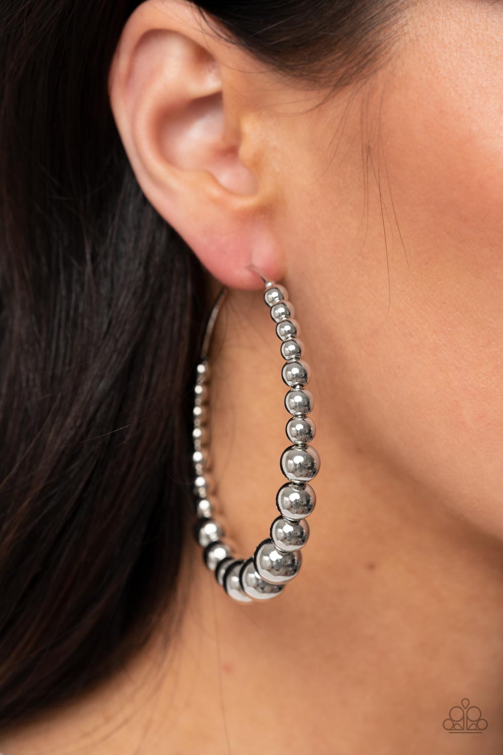 Show Off Your Curves - Silver Bead Hoop Earring 2 1/2 inch Paparazzi E0919