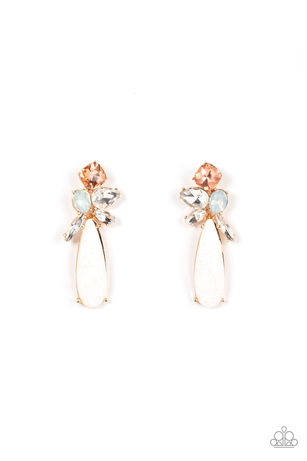 DIY Dazzle - Gold Frame, White, Peach, & Opal Rhinestone Sparkly Earring Paparazzi E1247