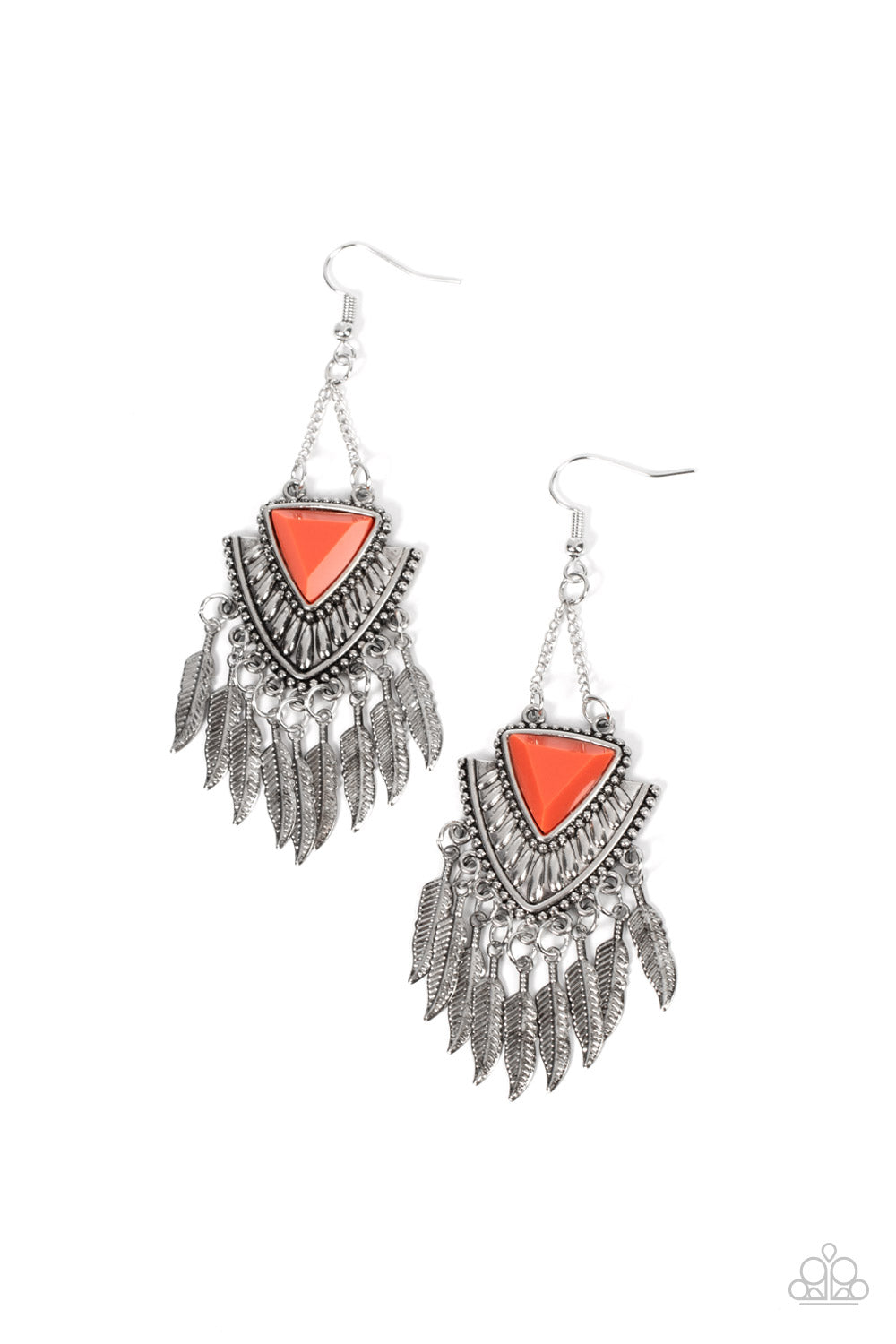 Shady Oasis - Orange Bead Silver Feather Earring Paparazzi E1010