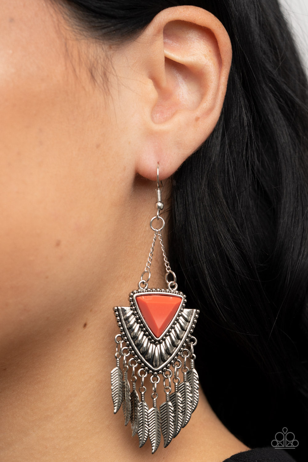 Shady Oasis - Orange Bead Silver Feather Earring Paparazzi E1010