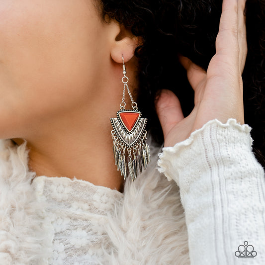 Shady Oasis - Orange Bead Silver Feather Earring Paparazzi E1010