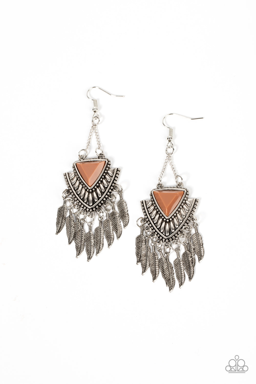 Shady Oasis - Brown Bead Silver Feather Earring Paparazzi E0961