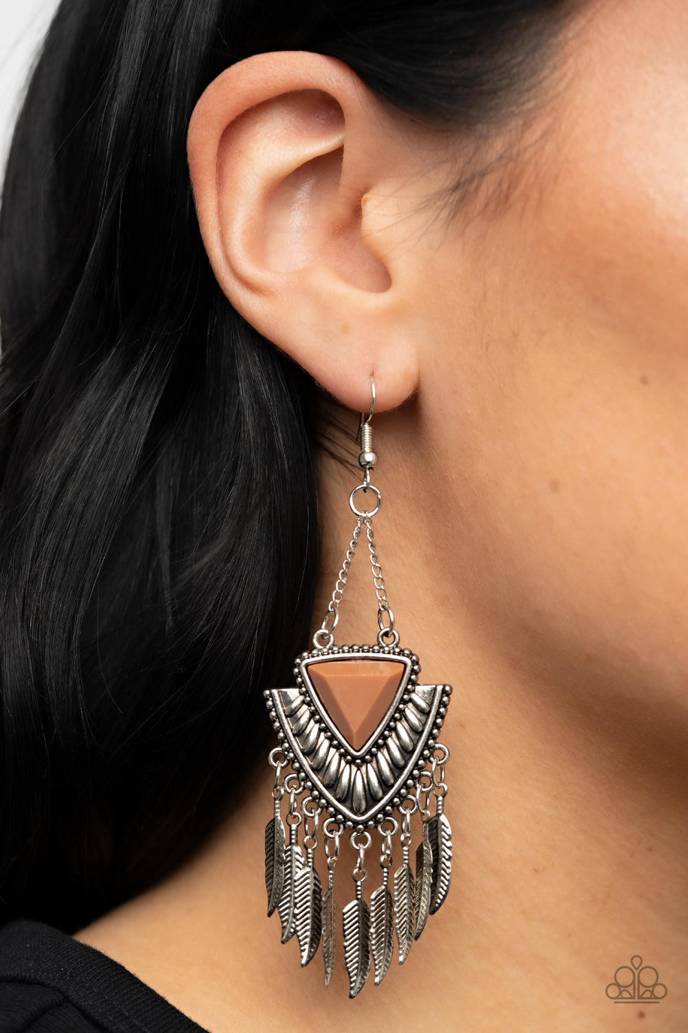 Shady Oasis - Brown Bead Silver Feather Earring Paparazzi E0961