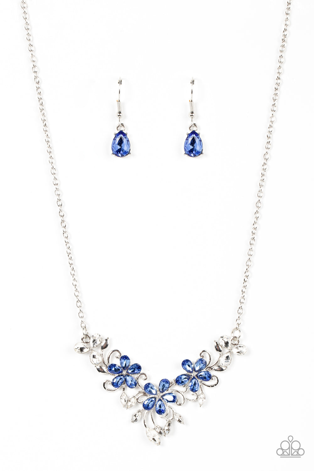 Floral Fashion Show - Blue Rhinestone Flower Necklace Paparazzi N1120