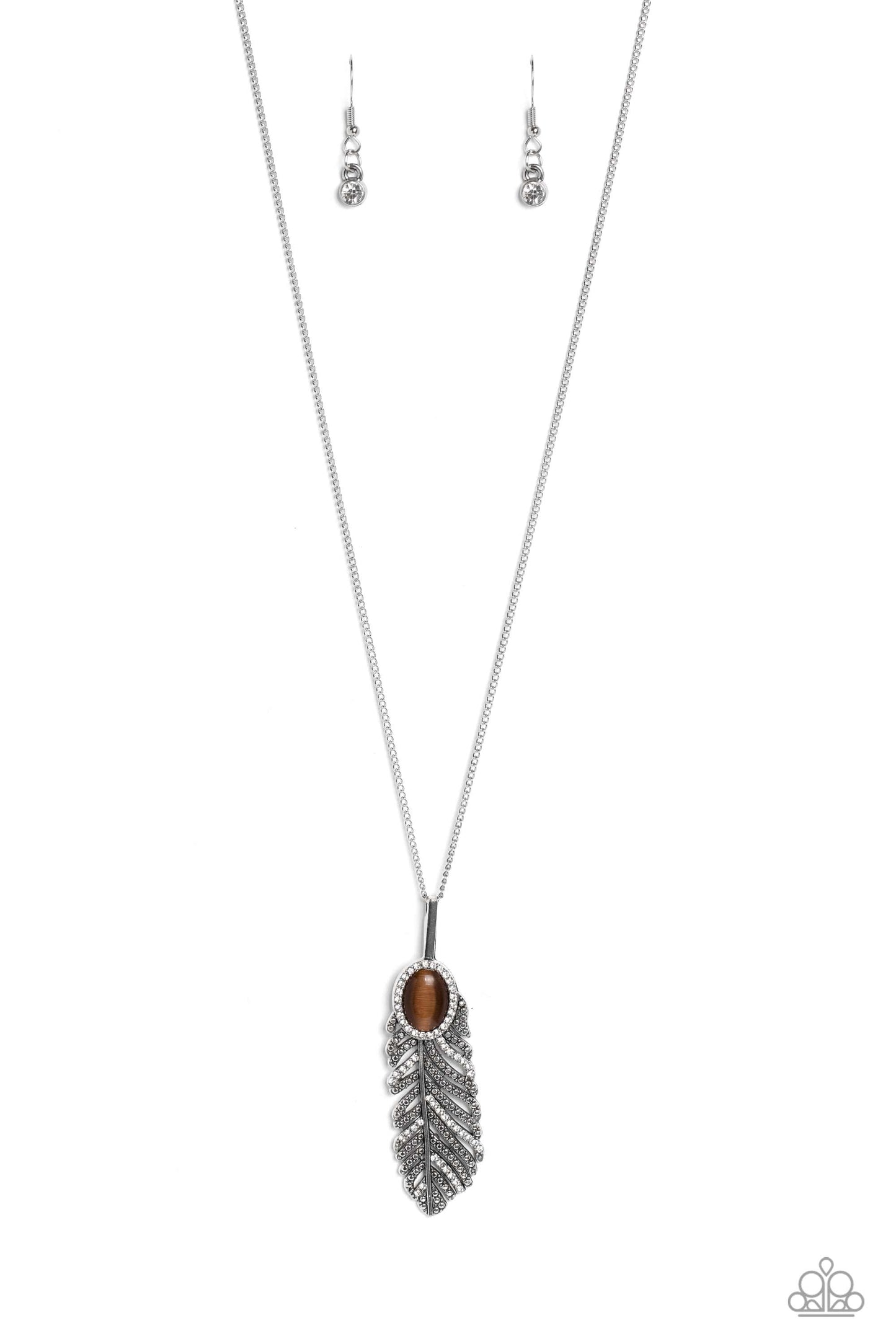 Pure QUILL-Power - Brown Cat's Eye Stone Silver Feather Necklace Paparazzi N1601