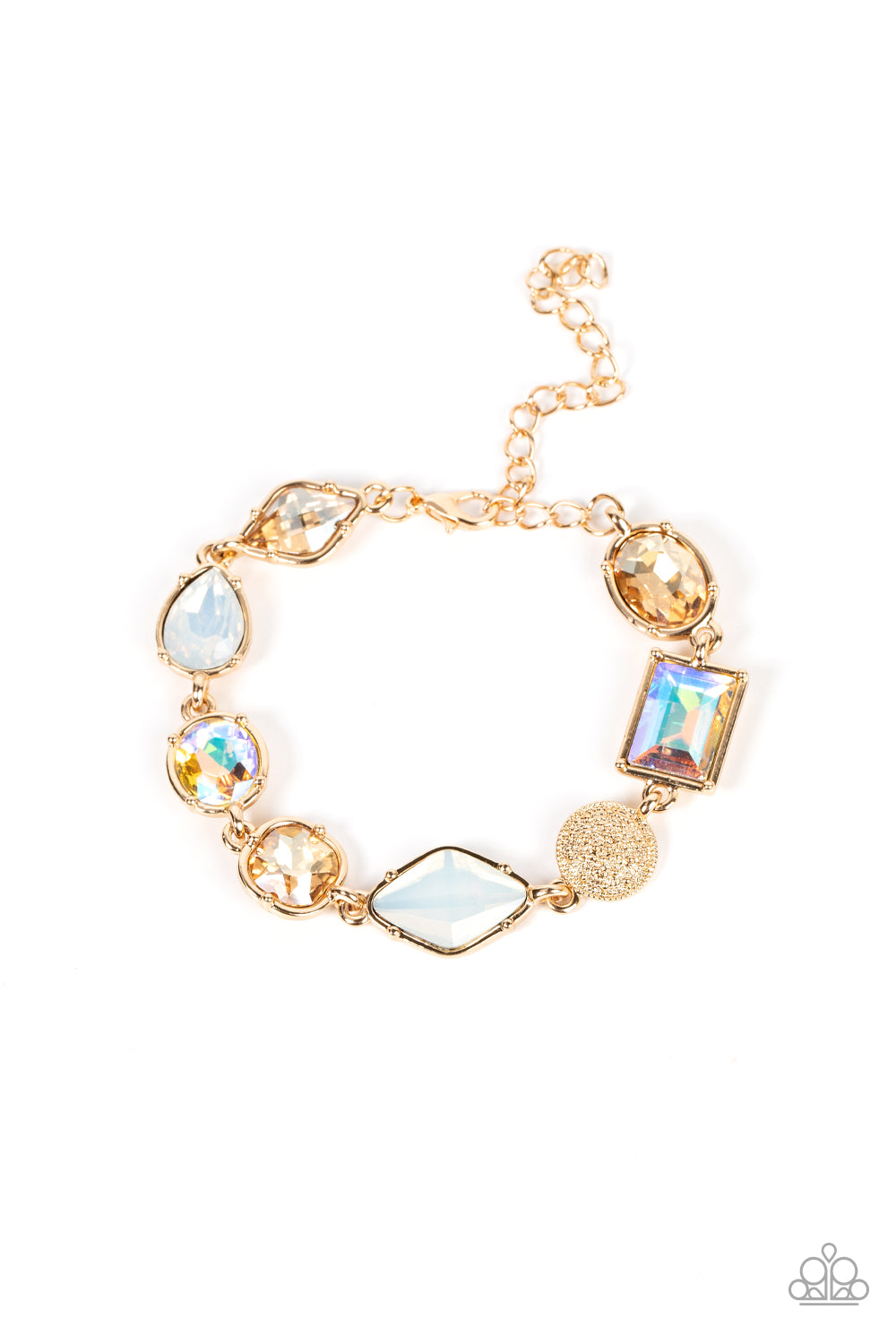 Jewelry Box Bauble - Gold, Iridescent and Opal Rhinestone Bracelet Paparazzi B0663