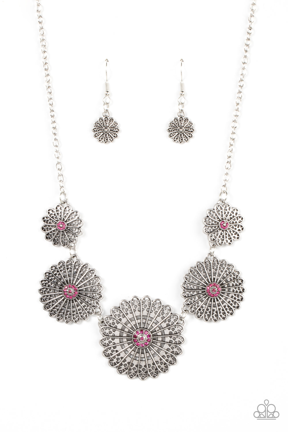 Marigold Meadows - Pink Rhinestone Silver Flower Necklace Paparazzi N0758