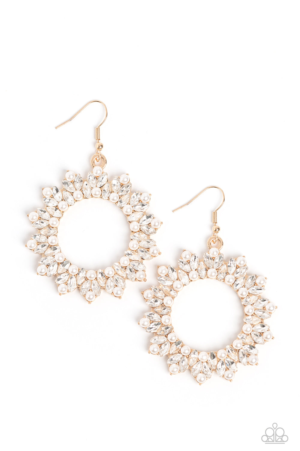 Combustible Couture - Gold Wreath White Pearl And Rhinestone Earring Paparazzi E0865 Convention Exclusive