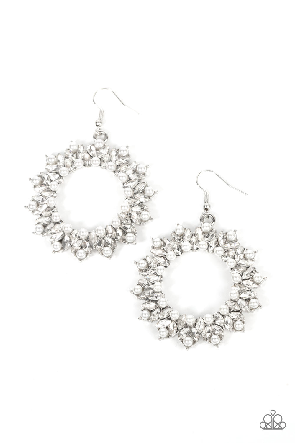 Combustible Couture - White Pearl, Rhinestone And Silver Earring Paparazzi E0942