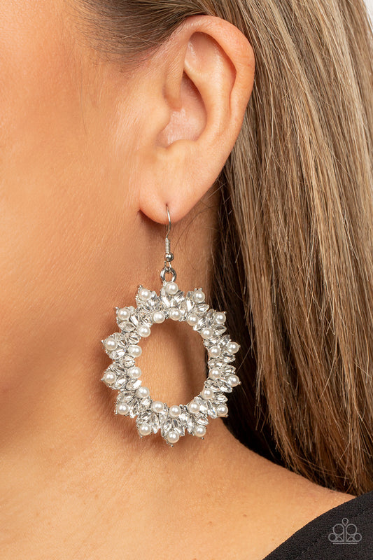 Combustible Couture - White Pearl, Rhinestone And Silver Earring Paparazzi E0942