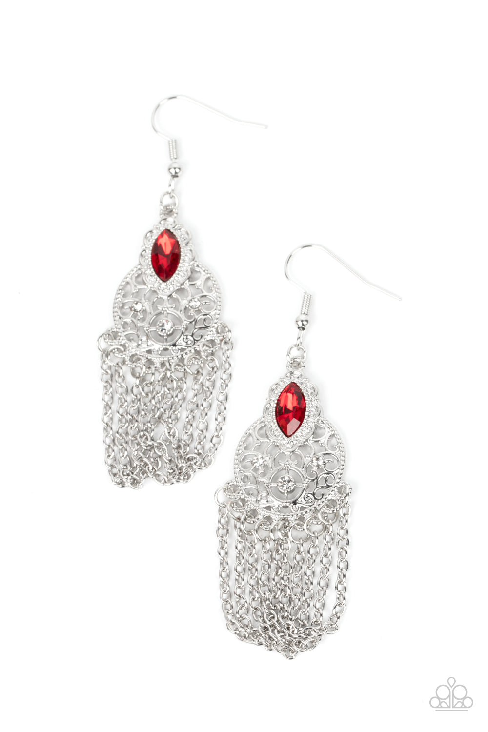 Pressed for CHIME - Red Rhinestone Silver Chain Earring Paparazzi E1440