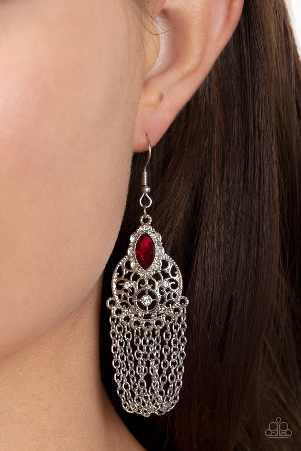 Pressed for CHIME - Red Rhinestone Silver Chain Earring Paparazzi E1440