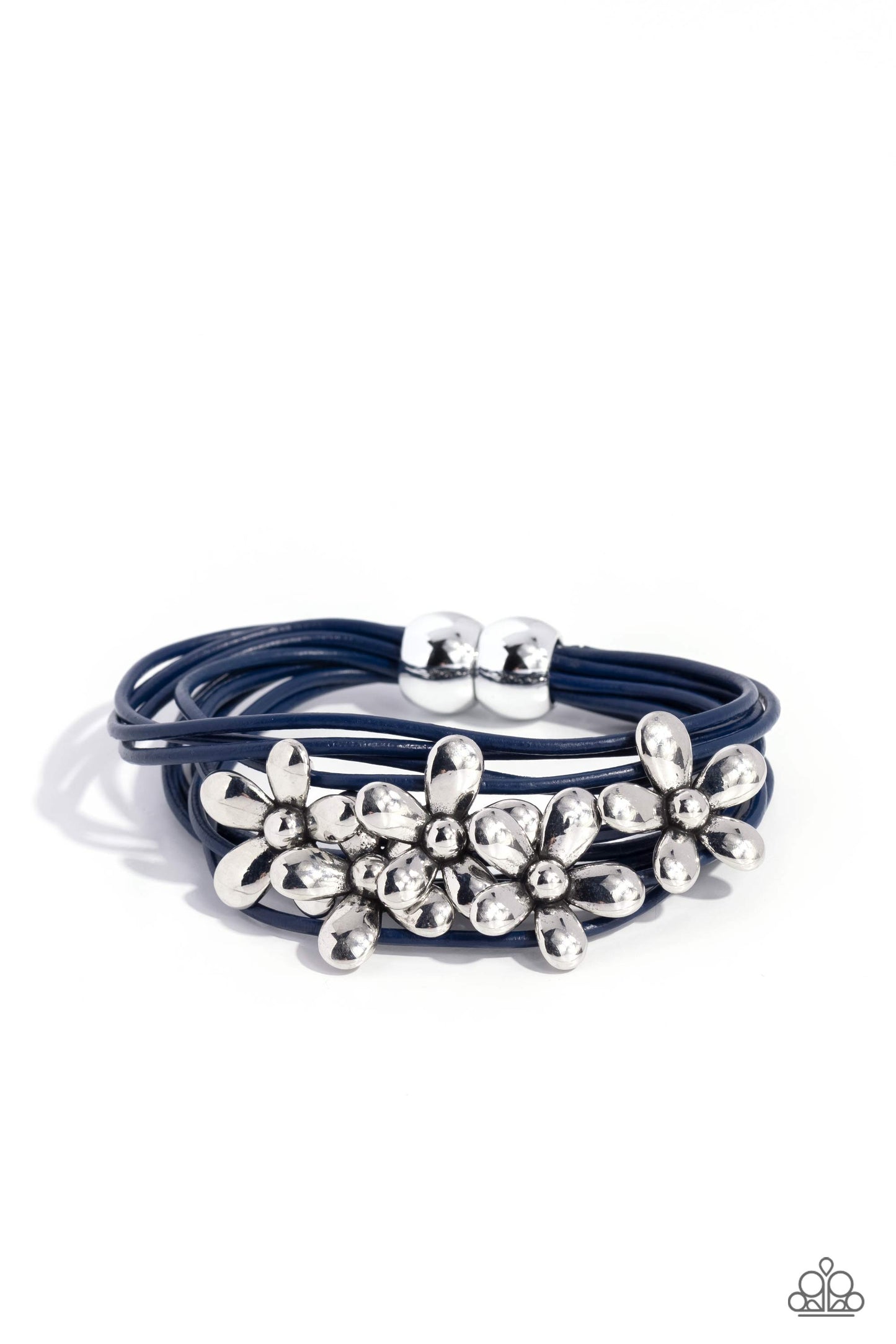 Here Comes the BLOOM - Blue Leathery Cord Silver Flower Bracelet Paparazzi B1380