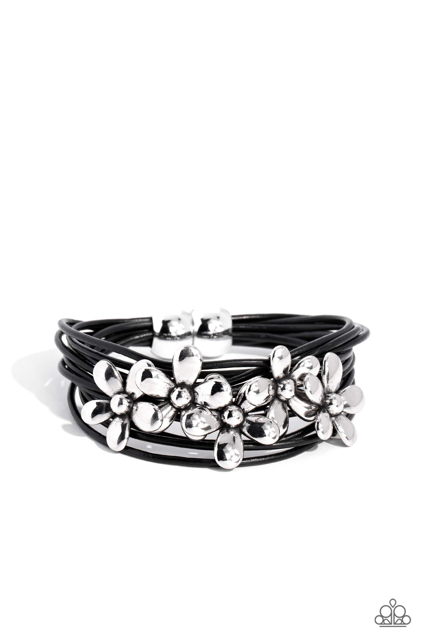 Here Comes the BLOOM - Black Leather Cord Silver Flower Magnetic Closure Bracelet Paparazzi B1264