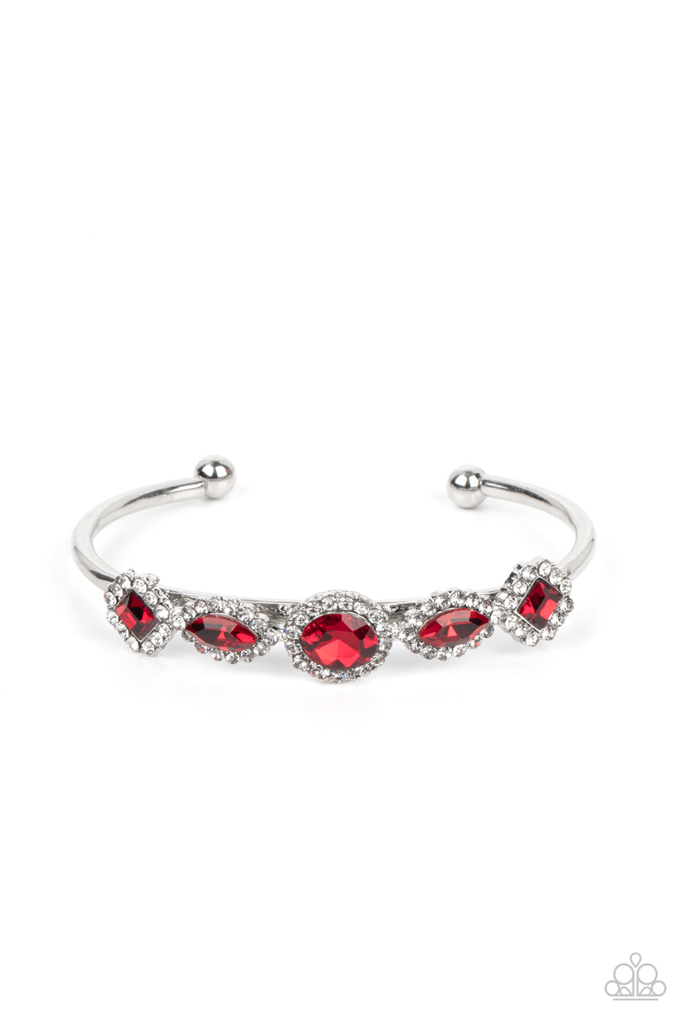 Simmer on GLOW - Red Gem & White Rhinestone Cuff Bracelet Paparazzi B1262