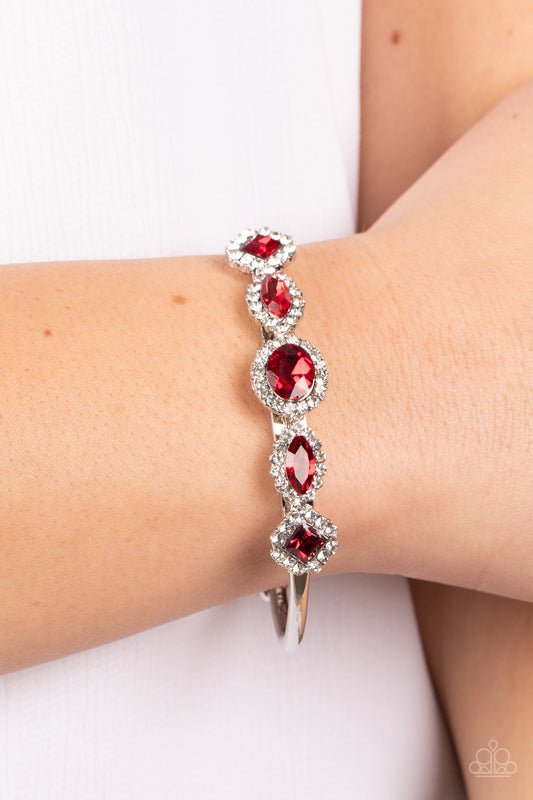 Simmer on GLOW - Red Gem & White Rhinestone Cuff Bracelet Paparazzi B1262