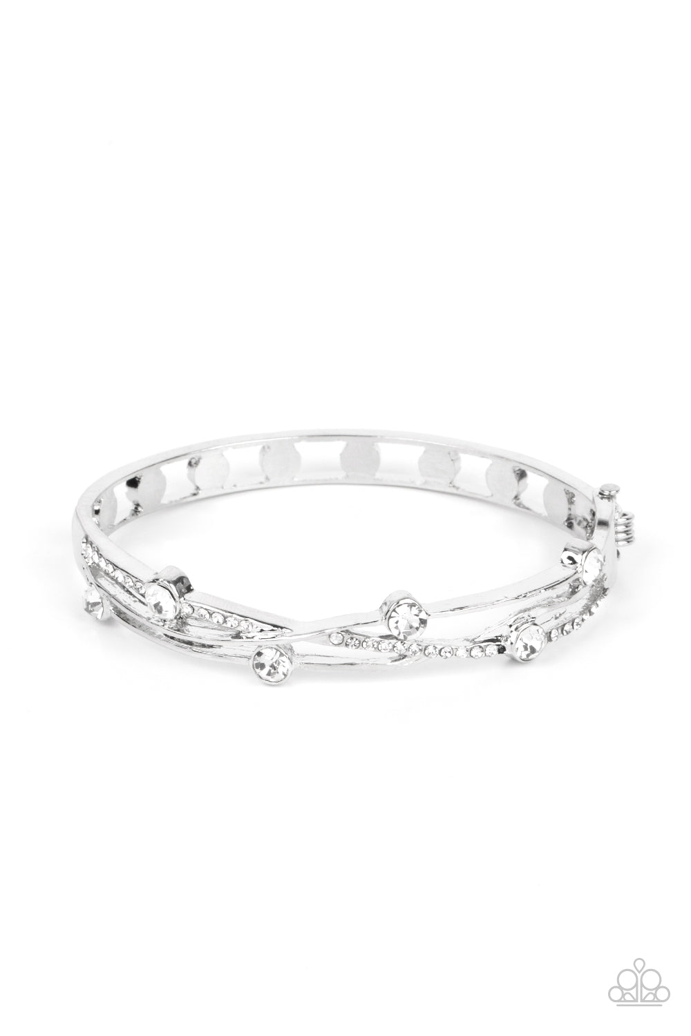 Slammin Sparkle - White Rhinestone Silver Hinge Bracelet Paparazzi B1371