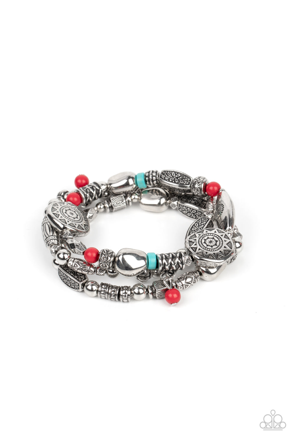 Western Quest - Red And Turquoise Accent Stretch Bracelet Paparazzi B0595