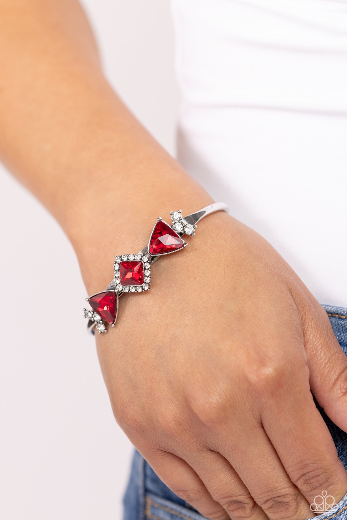 Strategic Sparkle - Red & White Rhinestone Cuff Bracelet Paparazzi B1401