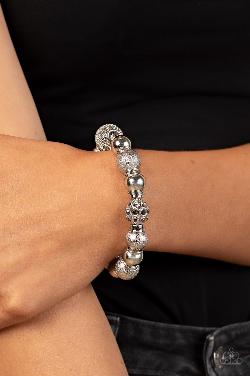 We Totally Mesh - Silver Shimmery Bead And Hematite Rhinestone Stretch Bracelet Paparazzi B0674