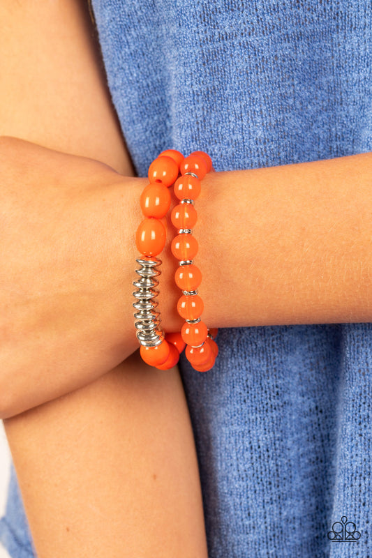 La Vida Vacation - Orange - Burnt Orange & Silver Bead Stretch Bracelet Set Paparazzi B1331