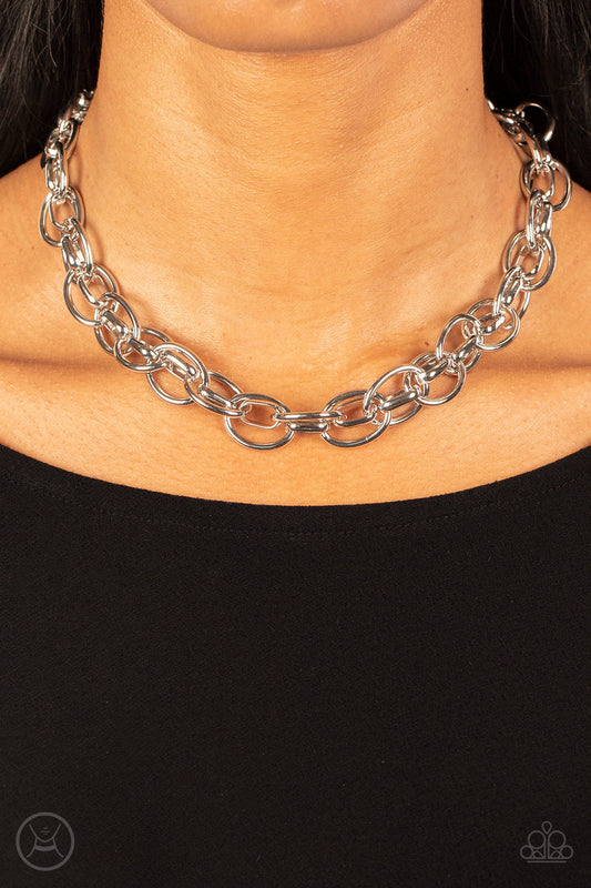 Tough Crowd - Silver Interlocking Chain Choker Necklace Paparazzi N1058