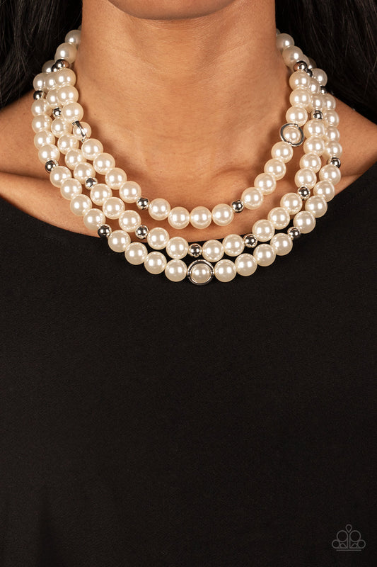 Needs No Introduction - White Pearl & Silver Bead Multilayer Necklace Paparazzi N1465