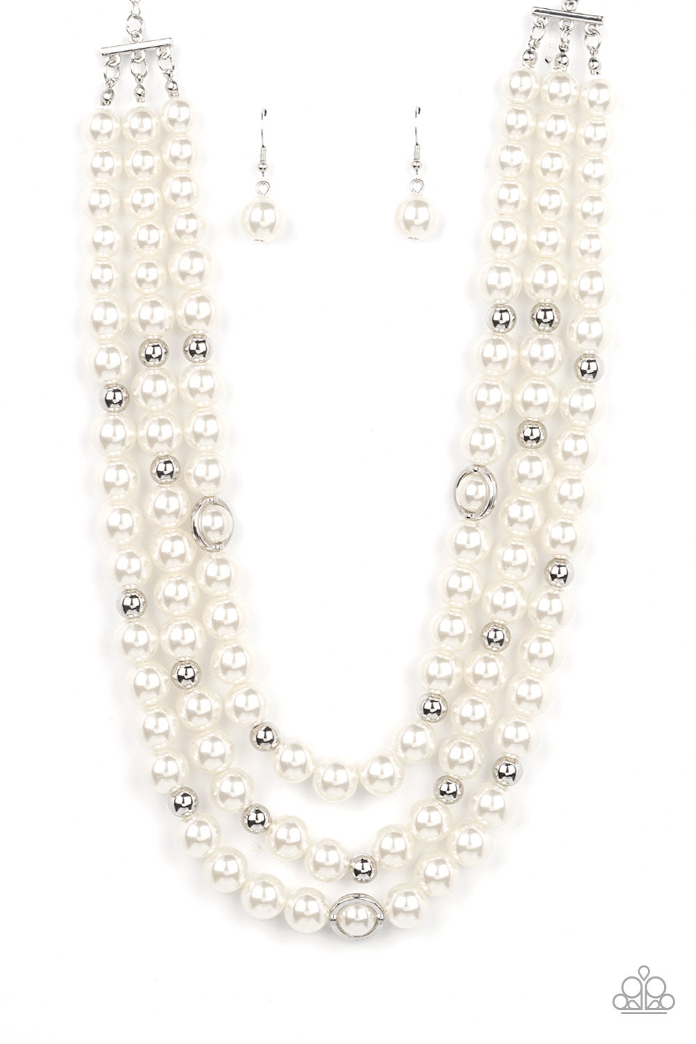 Needs No Introduction - White Pearl & Silver Bead Multilayer Necklace Paparazzi N1465