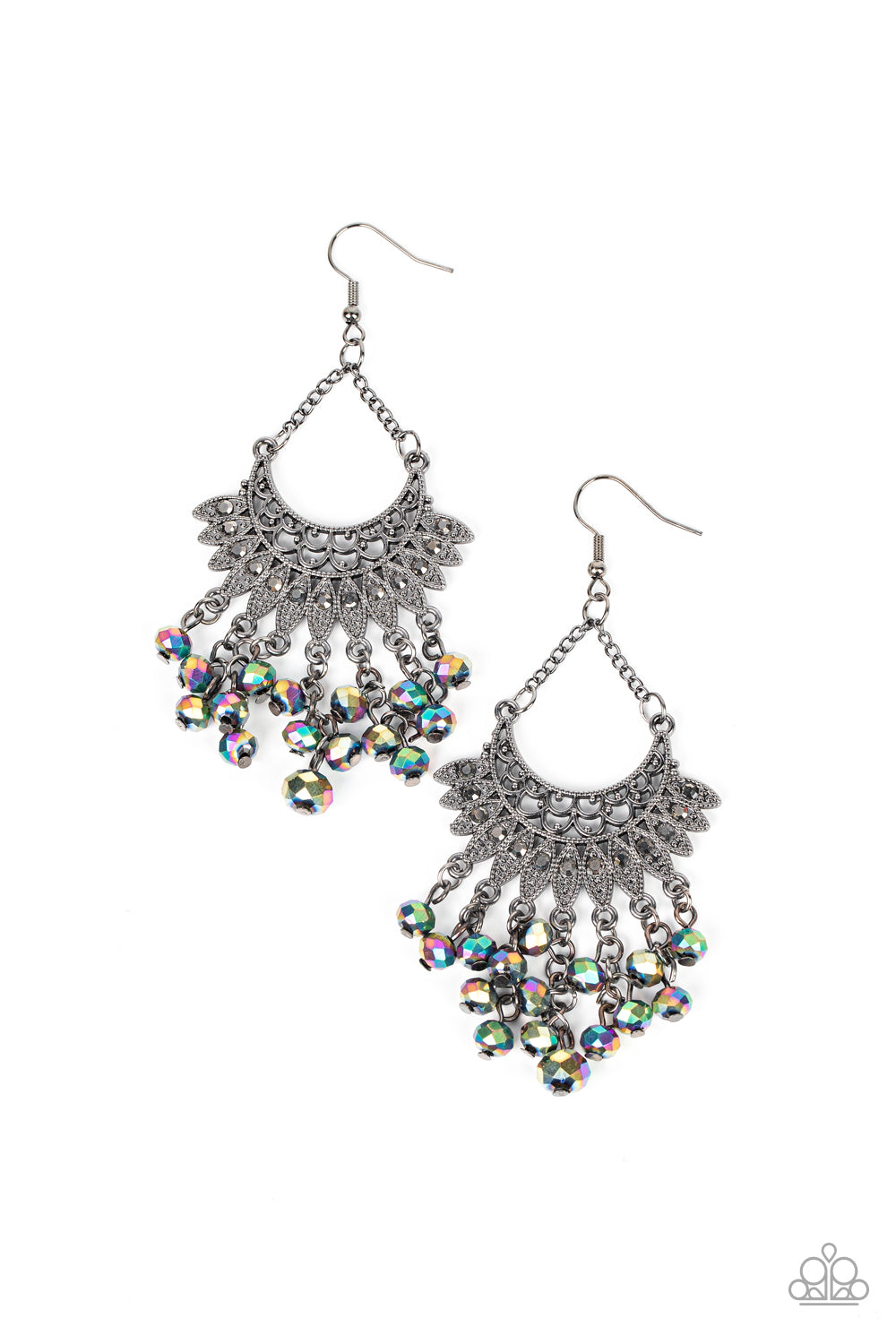 Chromatic Cascade - Multi Oil Spill & Hematite Rhinestone Half Moon Chandelier Earring E1316