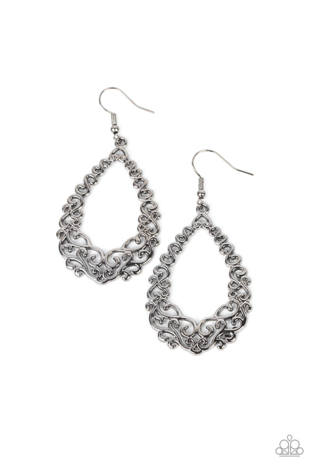 Granada Garland - Black Gunmetal Filigree Teardrop Earring Paparazzi E1066