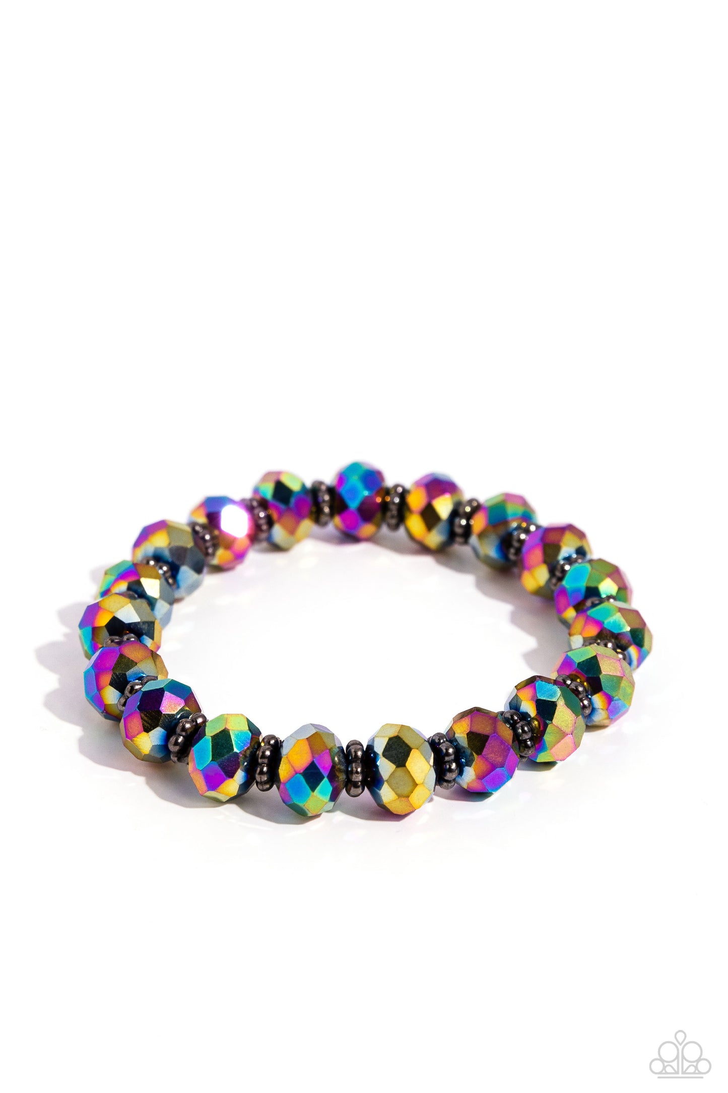 Shimmering Satisfaction - Multi Colored Oil Spill Bead & Gunmetal Ring Stretch Bracelet Paparazzi B1392