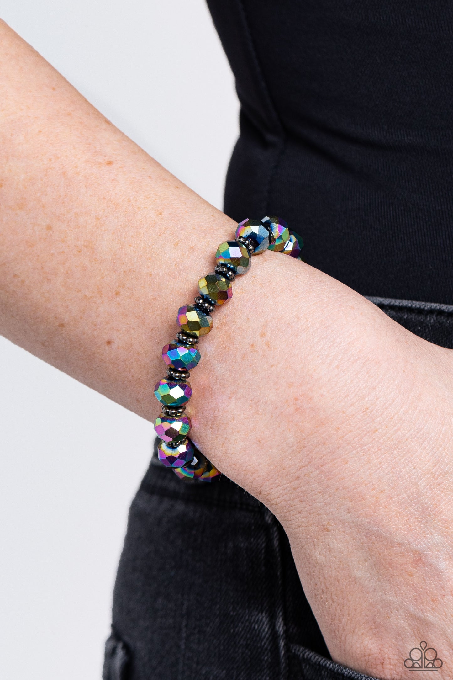 Shimmering Satisfaction - Multi Colored Oil Spill Bead & Gunmetal Ring Stretch Bracelet Paparazzi B1392