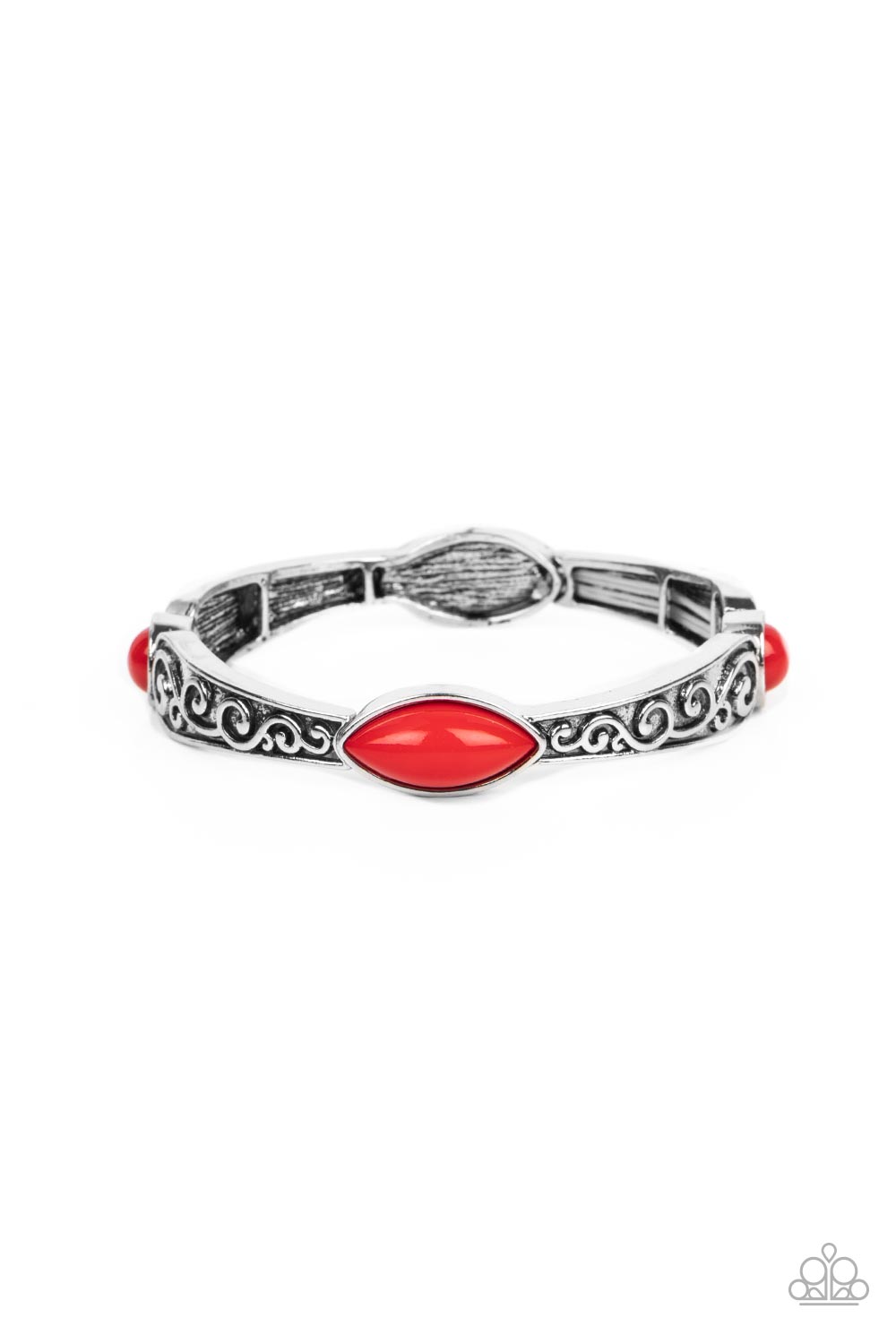 Veranda Variety - Red Bead Vine Motif Silver Stretch Bracelet Paparazzi B1030