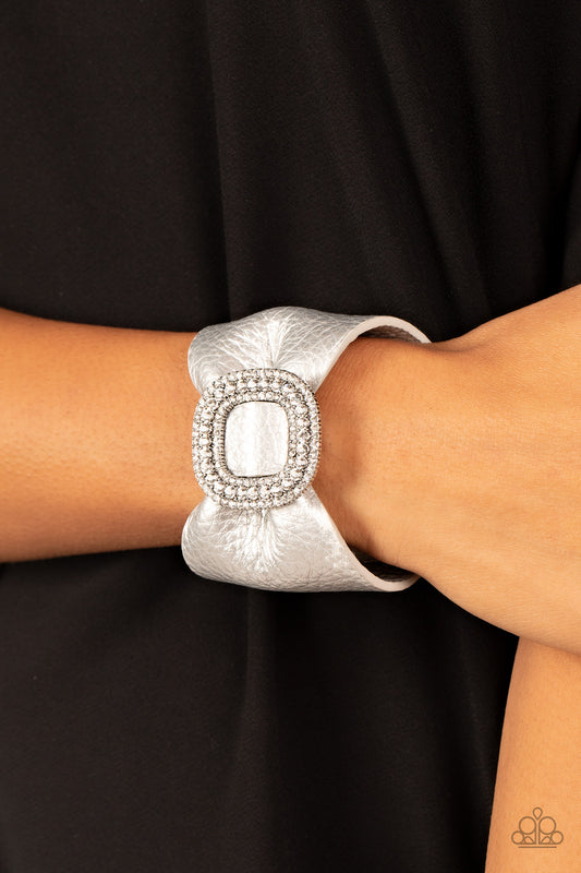 Lights, SELFIE, Action! - Silver Leather Urban White Rhinestone Bracelet Paparazzi B0581