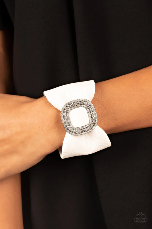 Lights, Selfie, Action! White Urban Leather Silver Rhinestone Bracelet Paparazzi B0837