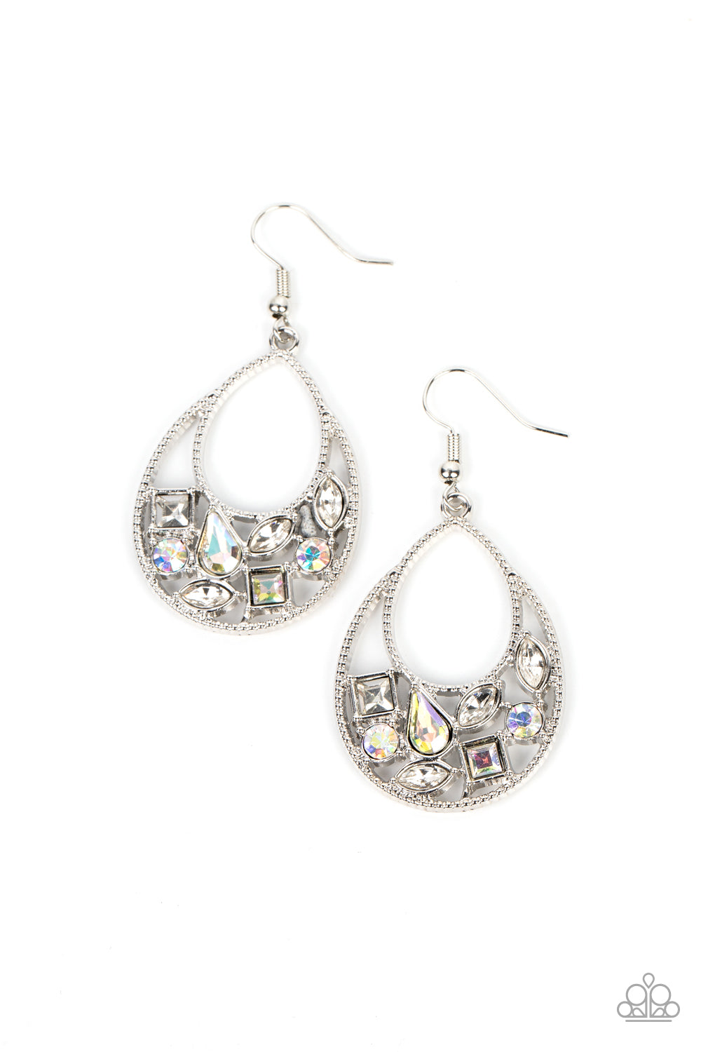 Regal Recreation - White & Iridescent Rhinestone Teardrop Earring Paparazzi E0816