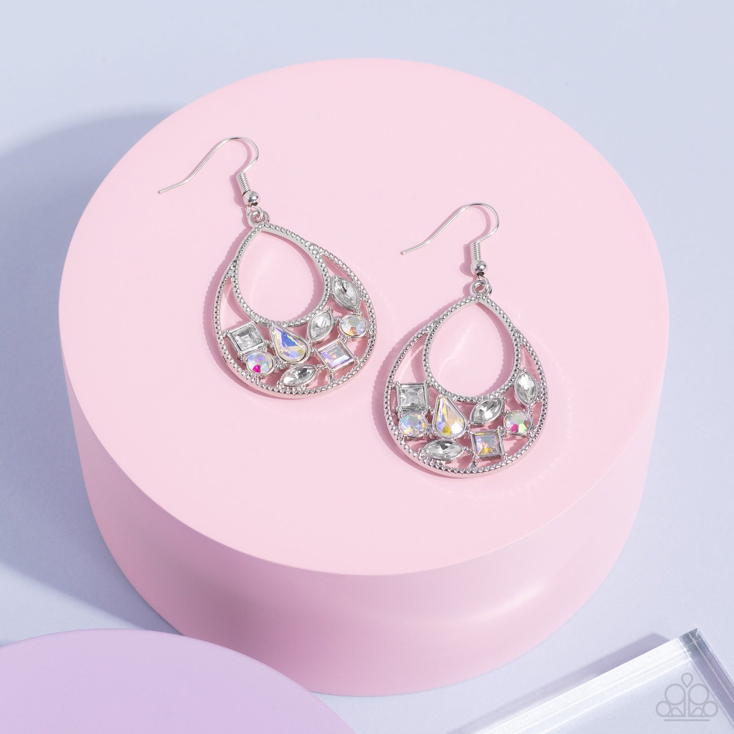 Regal Recreation - White & Iridescent Rhinestone Teardrop Earring Paparazzi E0816